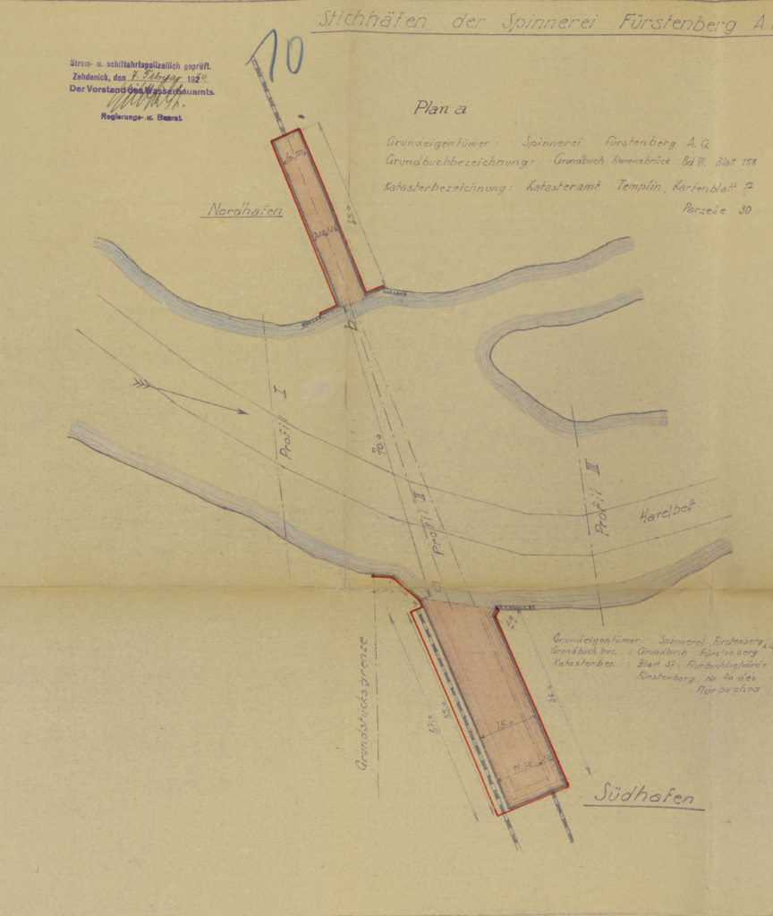 Planzeichnung der Stichhäfen für die Eisenbahnfähre der Faserstoff-Werke, Juli 1933 (BLHA, Rep. 57 WSD 4681, Bl. 10)