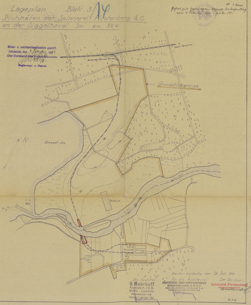 Planzeichnung mit dem Bahngleis zu den Faserstoff-Werken und den Stichhäfen der Eisenbahnfähre, Juli 1933 (BLHA, Rep. 57 WSD 4681, Bl. 14)